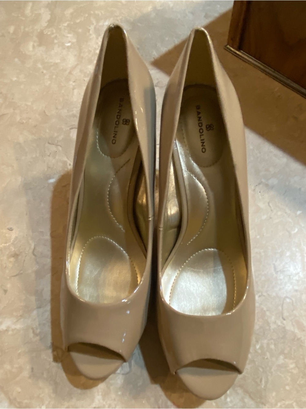 Bandolino Beige Patent Peep-Toe Heels